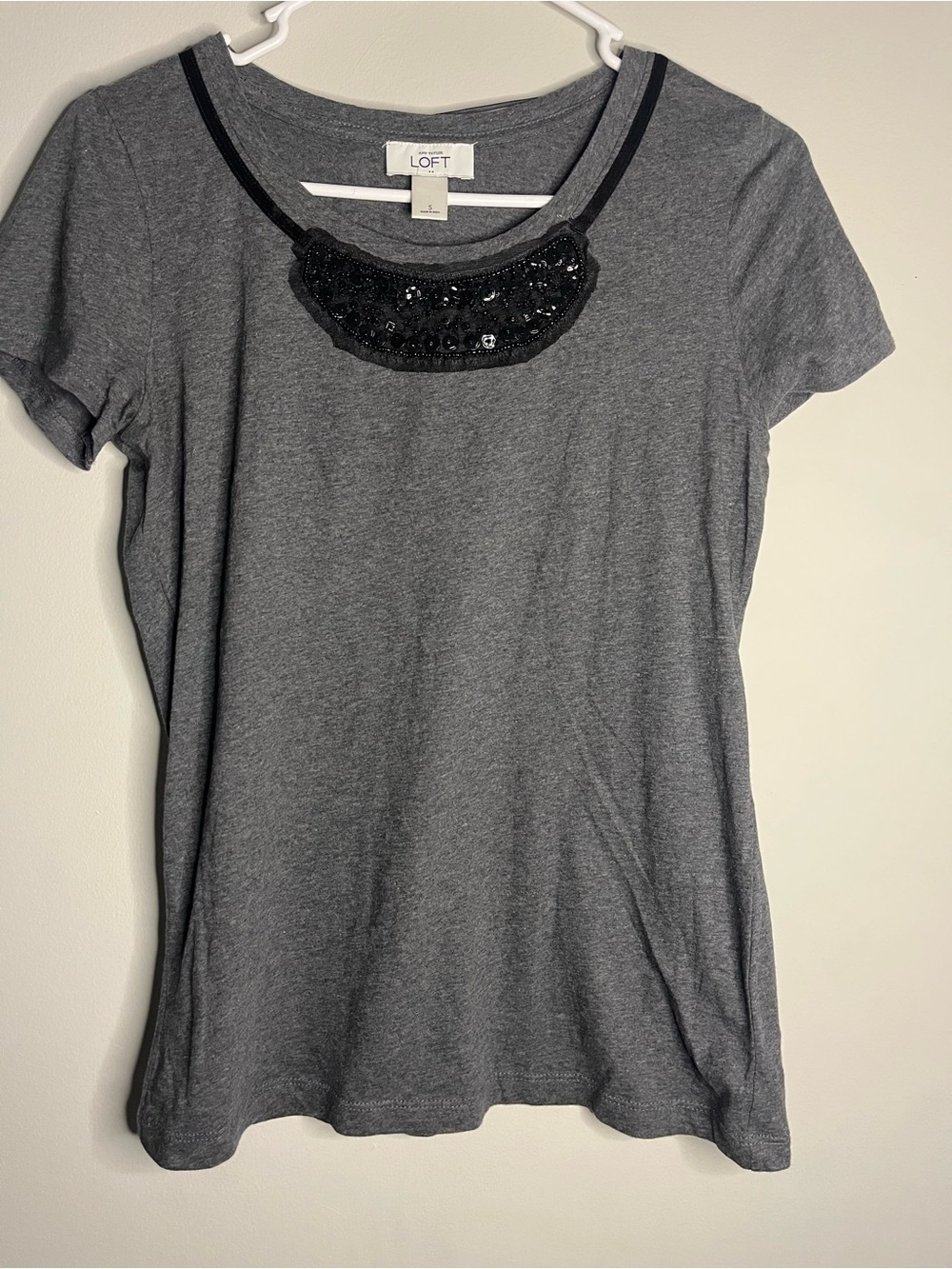 LOFT Gray Embellished Neckline Tee small